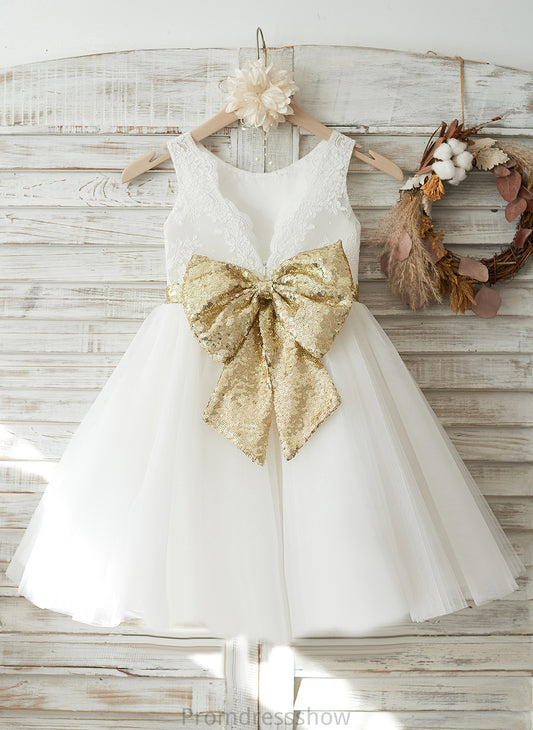 - A-Line With Neck Cecilia Flower Girl Back Scoop Tulle/Lace/Sequined Flower Girl Dresses Knee-length Dress Sleeveless Bow(s)/V