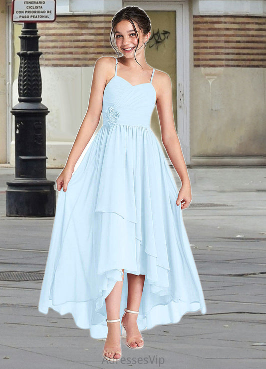Laurel A-Line Ruched Chiffon Asymmetrical Junior Bridesmaid Dress Sky Blue HCP0022848