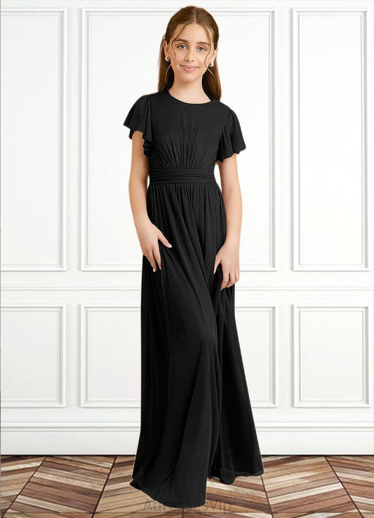 Mckayla A-Line Ruched Mesh Floor-Length Junior Bridesmaid Dress black HCP0022857