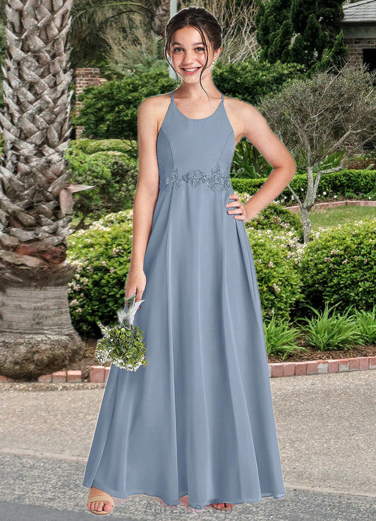 Sage A-Line Lace Chiffon Floor-Length Junior Bridesmaid Dress dusty blue HCP0022860
