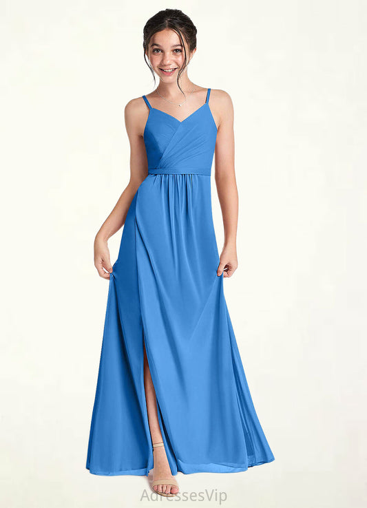 Paige Pleated Mesh Floor-Length Junior Bridesmaid Dress Blue Jay HCP0022861