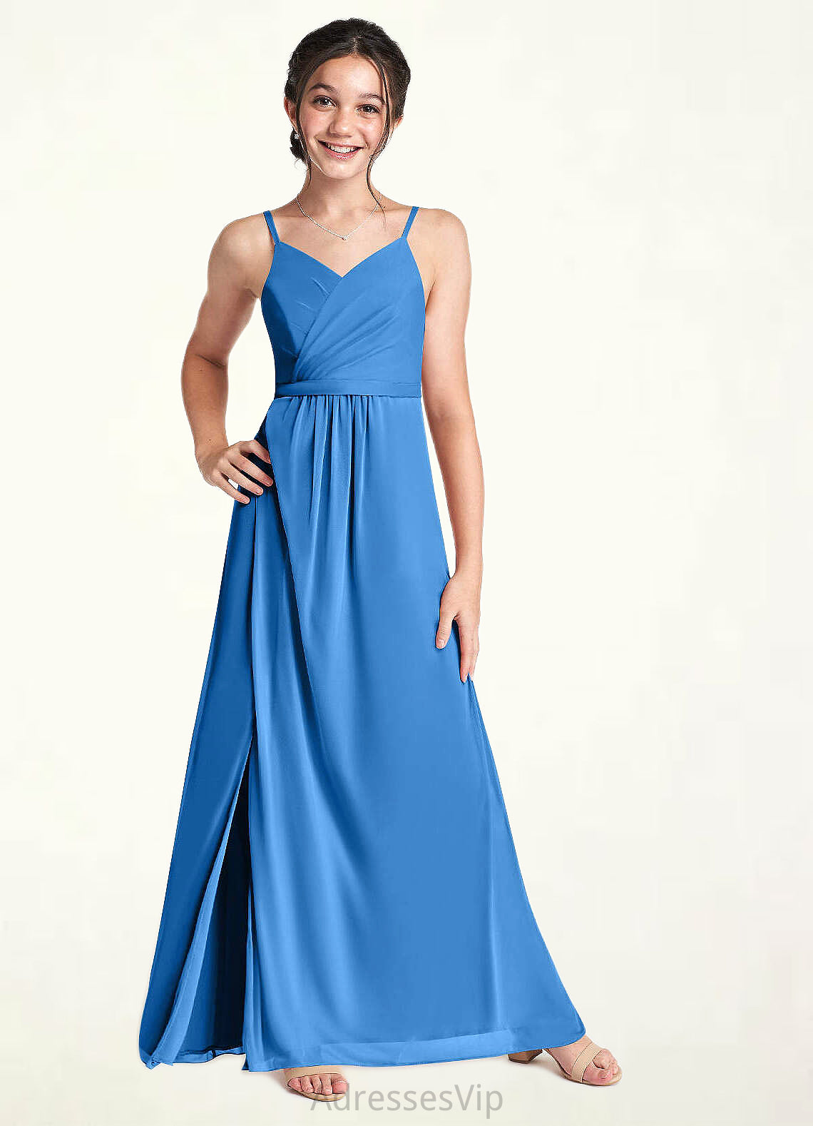 Paige Pleated Mesh Floor-Length Junior Bridesmaid Dress Blue Jay HCP0022861