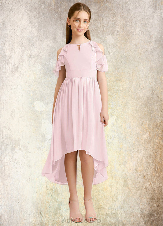 Lorelai A-Line Ruched Chiffon Asymmetrical Junior Bridesmaid Dress Blushing Pink HCP0022862