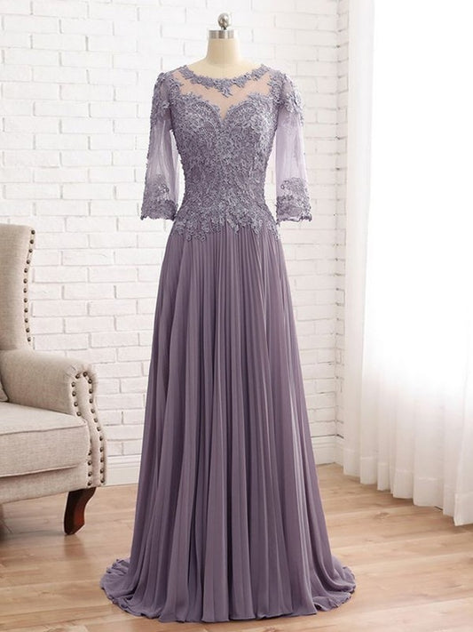 Cristal A-Line/Princess Chiffon Lace Scoop 3/4 Sleeves Sweep/Brush Train Mother of the Bride Dresses HCP0020455