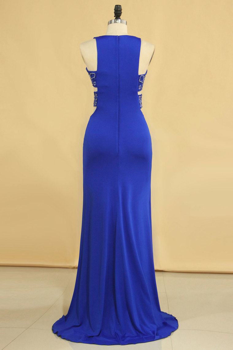 2024 Plus Size New Arrival Scoop Prom Dresses Dark Royal Blue Mermaid Spandex With Beading Sweep Train