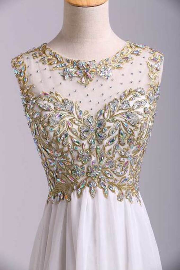 2023 Scoop Neckline Off The Shoulder Prom Dresses White Floor Length Chiffon With Gold Embroidery
