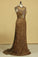 2024 Brown High Neck Evening Dresses Column With Beading Lace Sweep Train