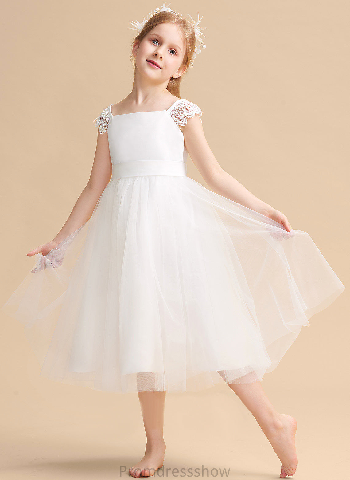 Lace/Sash Sleeveless Girl With Dress Flower Square A-Line Millie Tea-length Neckline Satin/Tulle Flower Girl Dresses -