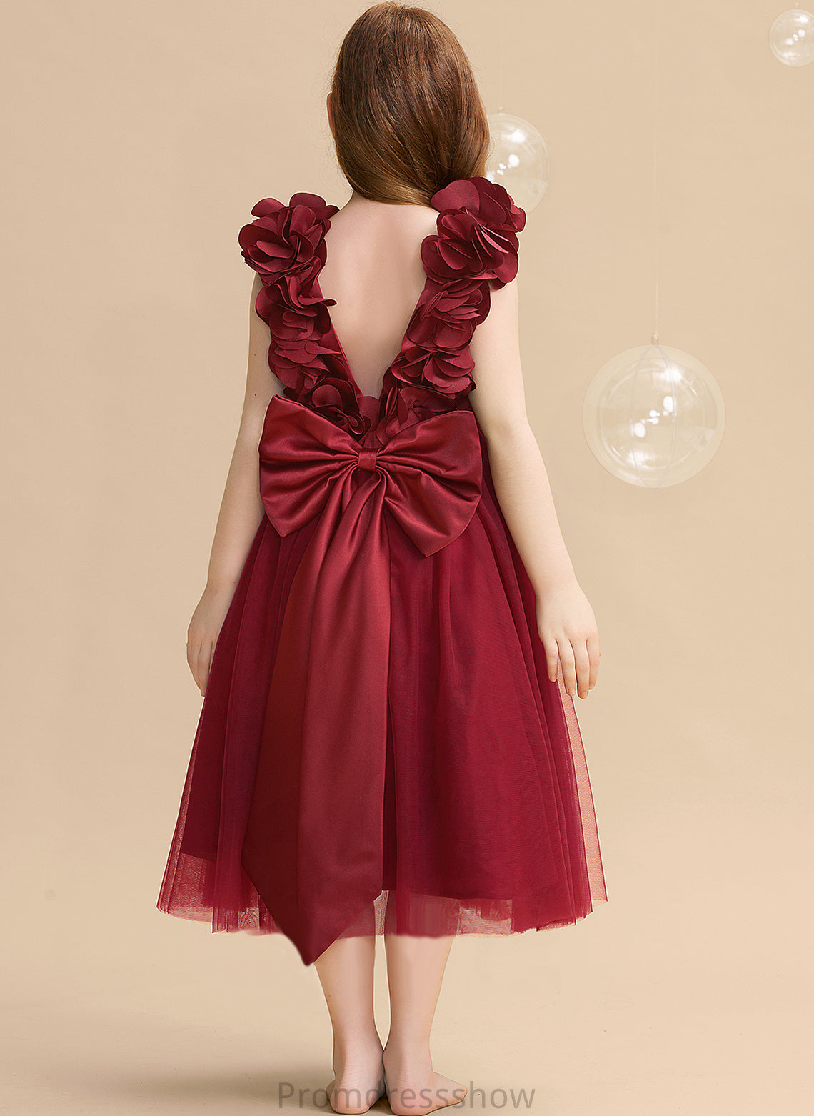 A-Line Tea-length Dress Flower V-neck With Flower(s)/Bow(s) Girl Jennifer Sleeveless - Satin/Tulle Flower Girl Dresses