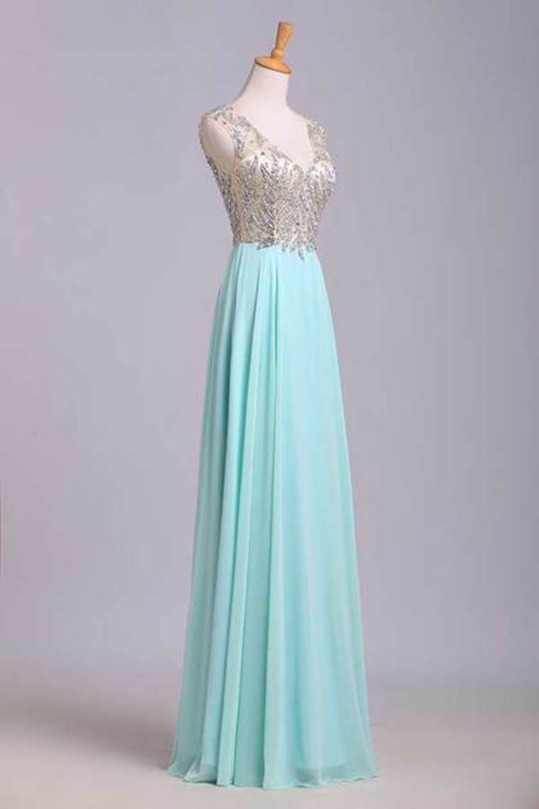 2023 V Neck Prom Dresses A Line Beaded Bodice Sweep Train Chiffon And Tulle