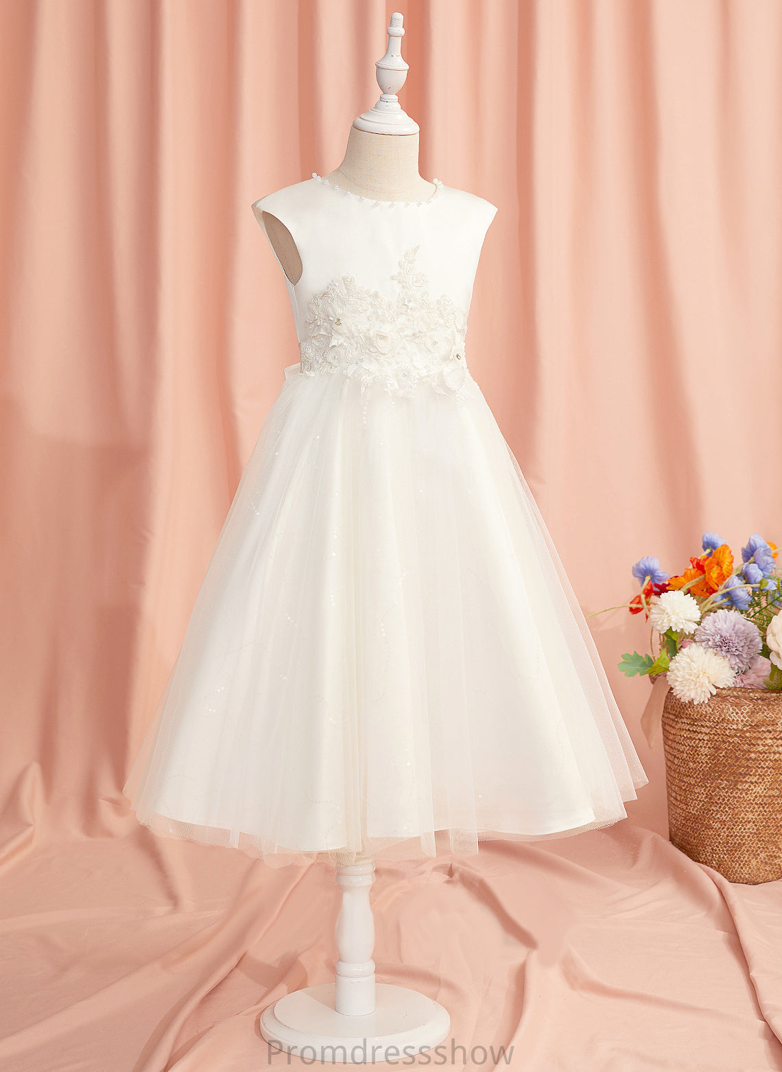 Tulle Dalia Scoop Girl With - Neck Sleeveless Flower Dress Lace/Beading/Flower(s) Tea-length Flower Girl Dresses Ball-Gown/Princess