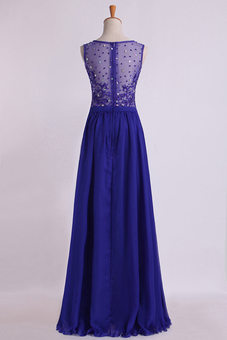 2024 Bateau Prom Dress A Line Floor Length With Embroidery And Beads Chiffon&Tulle