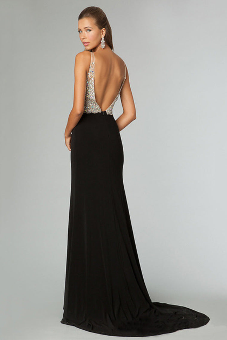 2024 Full Beaded Tulle Bodice Backless Sexy Prom Dress Court Train Black