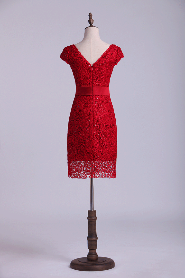 2024 Evening Dresses V-Neck Sheath/Column With Applique & Ribbon Lace