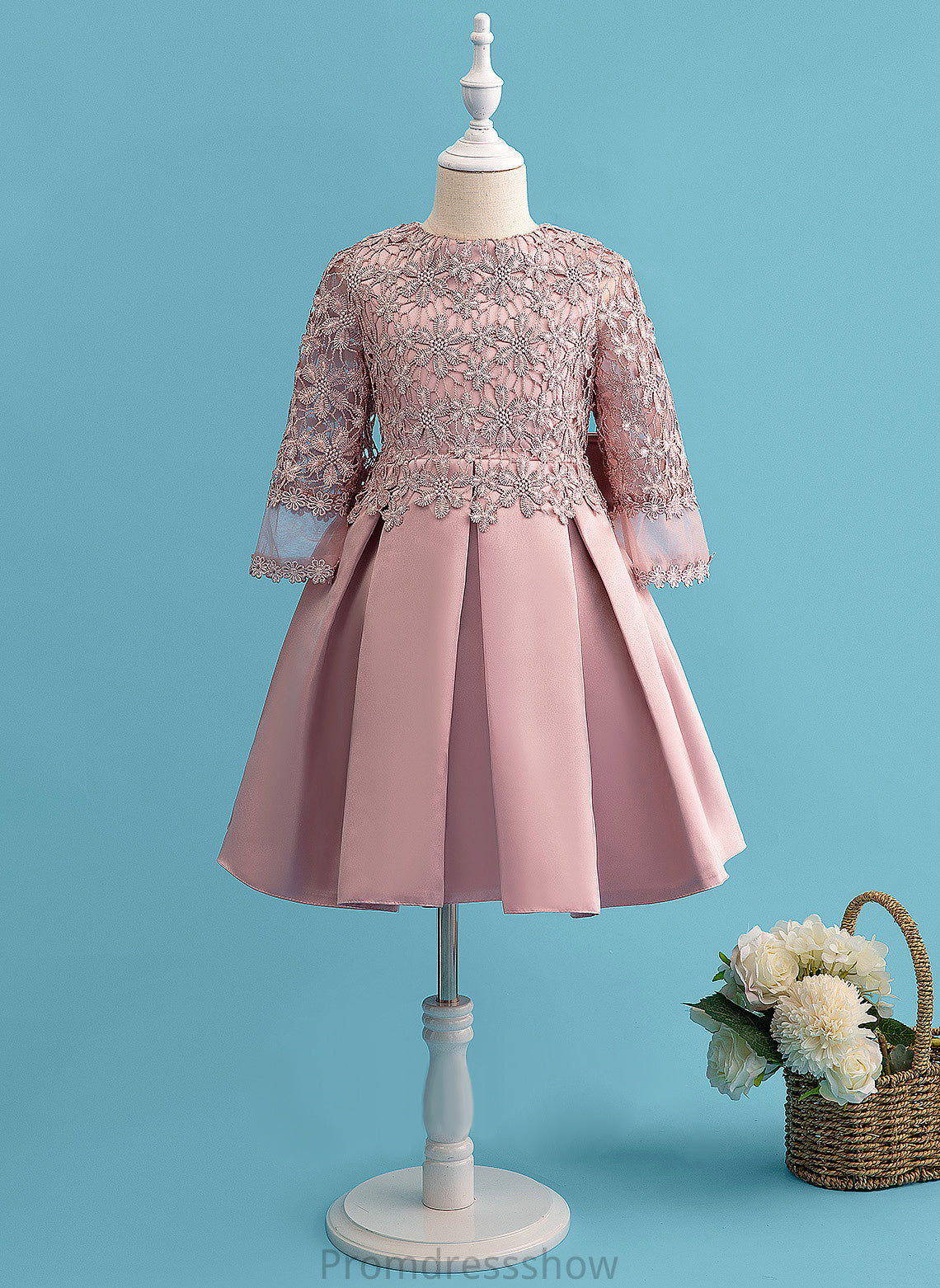 Long Girl A-Line Livia Satin/Lace - Dress With Bow(s) Scoop Flower Girl Dresses Flower Knee-length Neck Sleeves