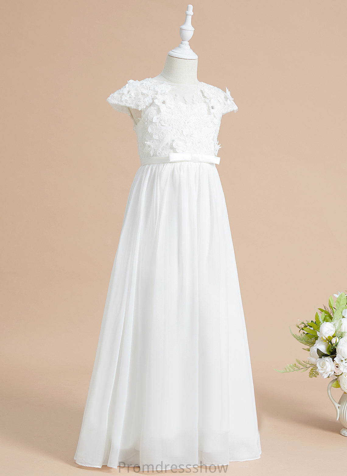 Chiffon/Lace Emilee Scoop Neck - Flower(s) A-Line Girl Flower Dress Short Sleeves Floor-length With Flower Girl Dresses