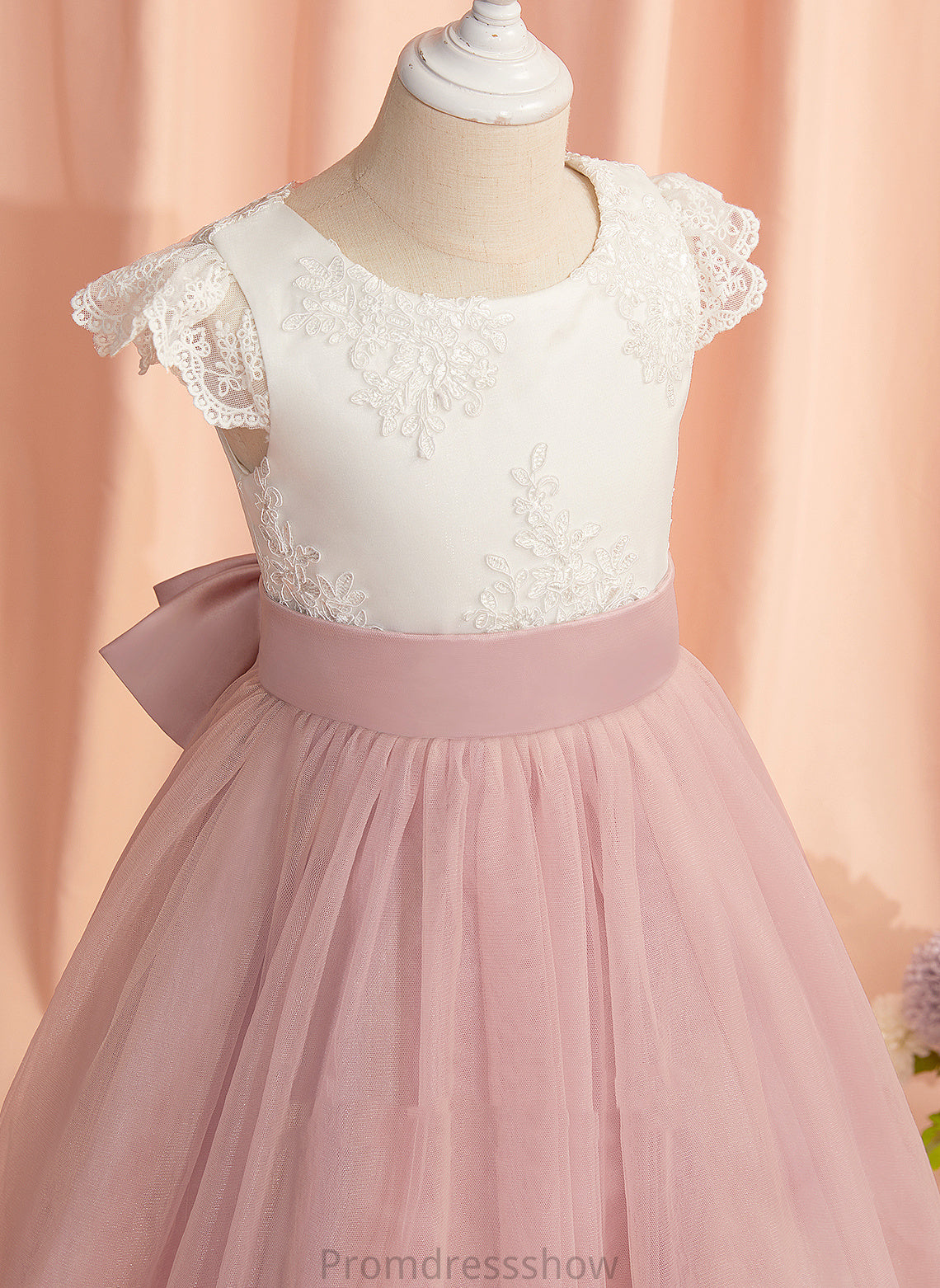 Lace/Bow(s) Scoop A-Line Annabel Sleeves Short Flower Knee-length Girl Tulle With Dress Neck Flower Girl Dresses -