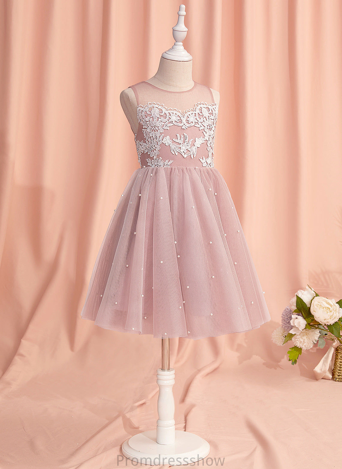 Sleeveless A-Line Flower Girl Dresses Scoop Girl Flower Lace/Beading Tulle - Knee-length Adalynn Neck Dress With