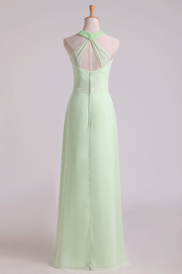 2024 Sexy Scoop A Line Bridesmaid Dresses Chiffon With Beads Sage