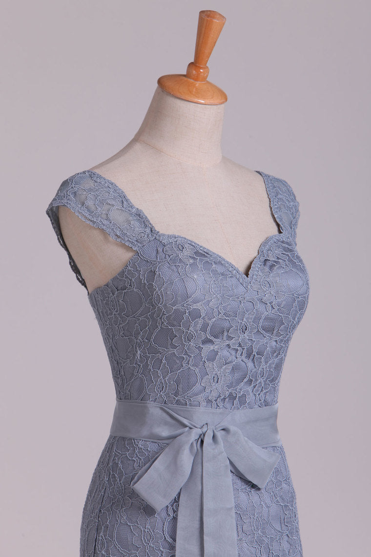 2023 Sheath/Column Lace Bridesmaid Dresses With Sash Above Knee Length