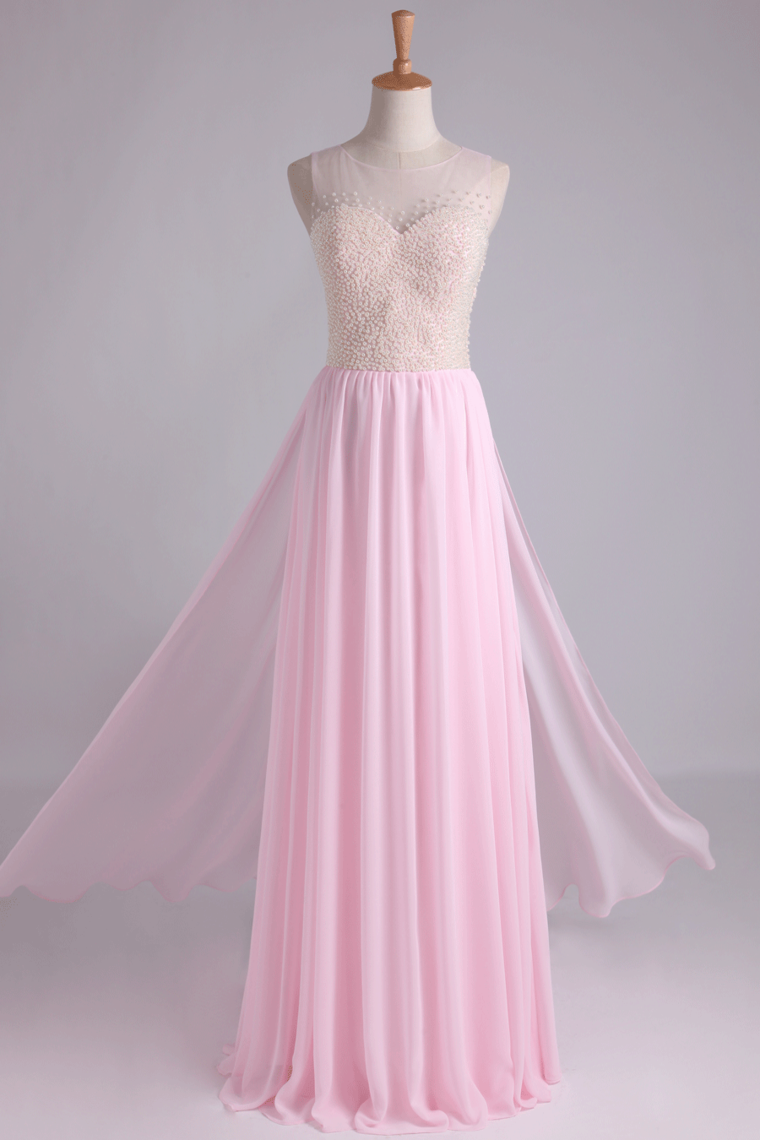 2024 High Neck Beaded Bodice A Line With Layered Flowing Chiffon Skirt Floor Length