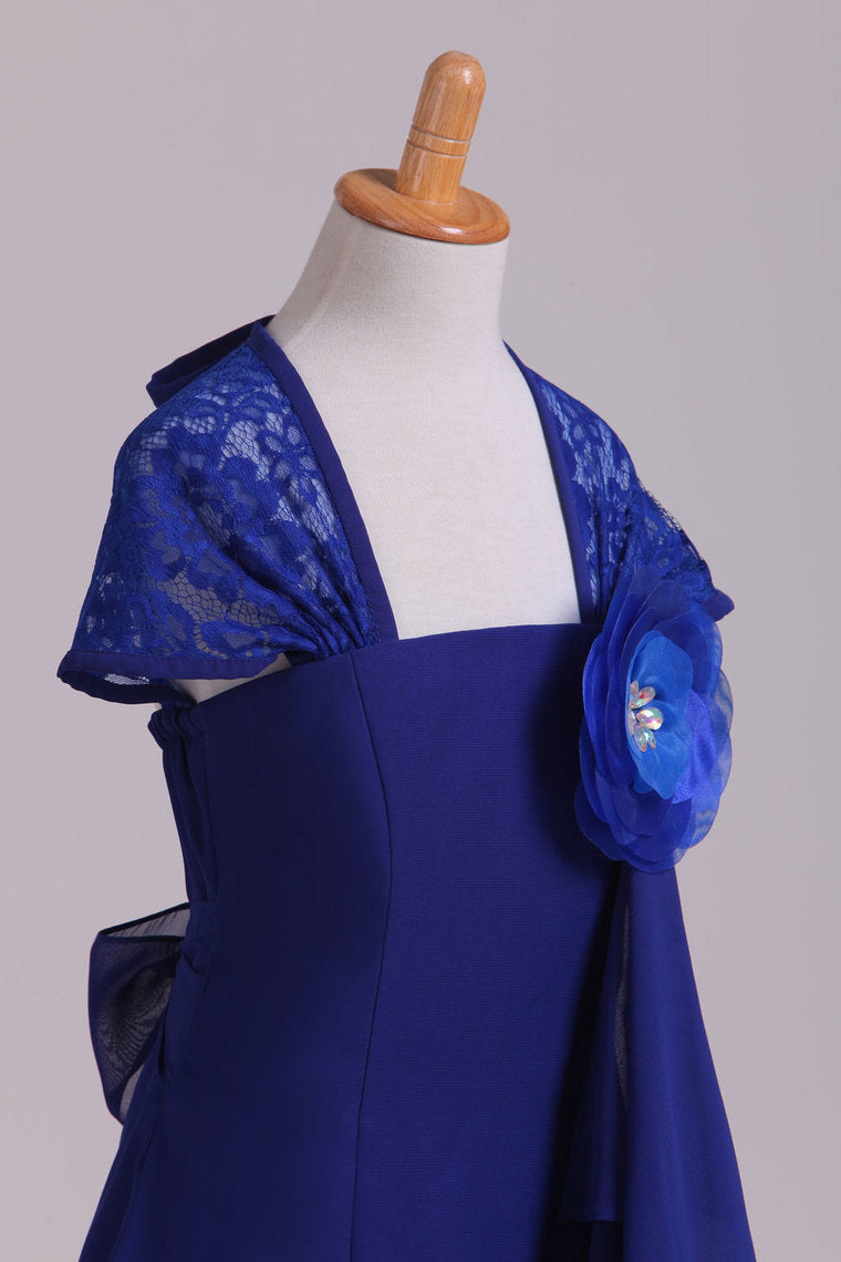 2023 Eyelid Lace Back Flower Girl Dress A Line Chiffon & Lace With Flower Dark Royal Blue