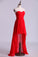 2024 Red High Low Sweetheart A Line Pleated Bodice Flowing Chiffon Skirt
