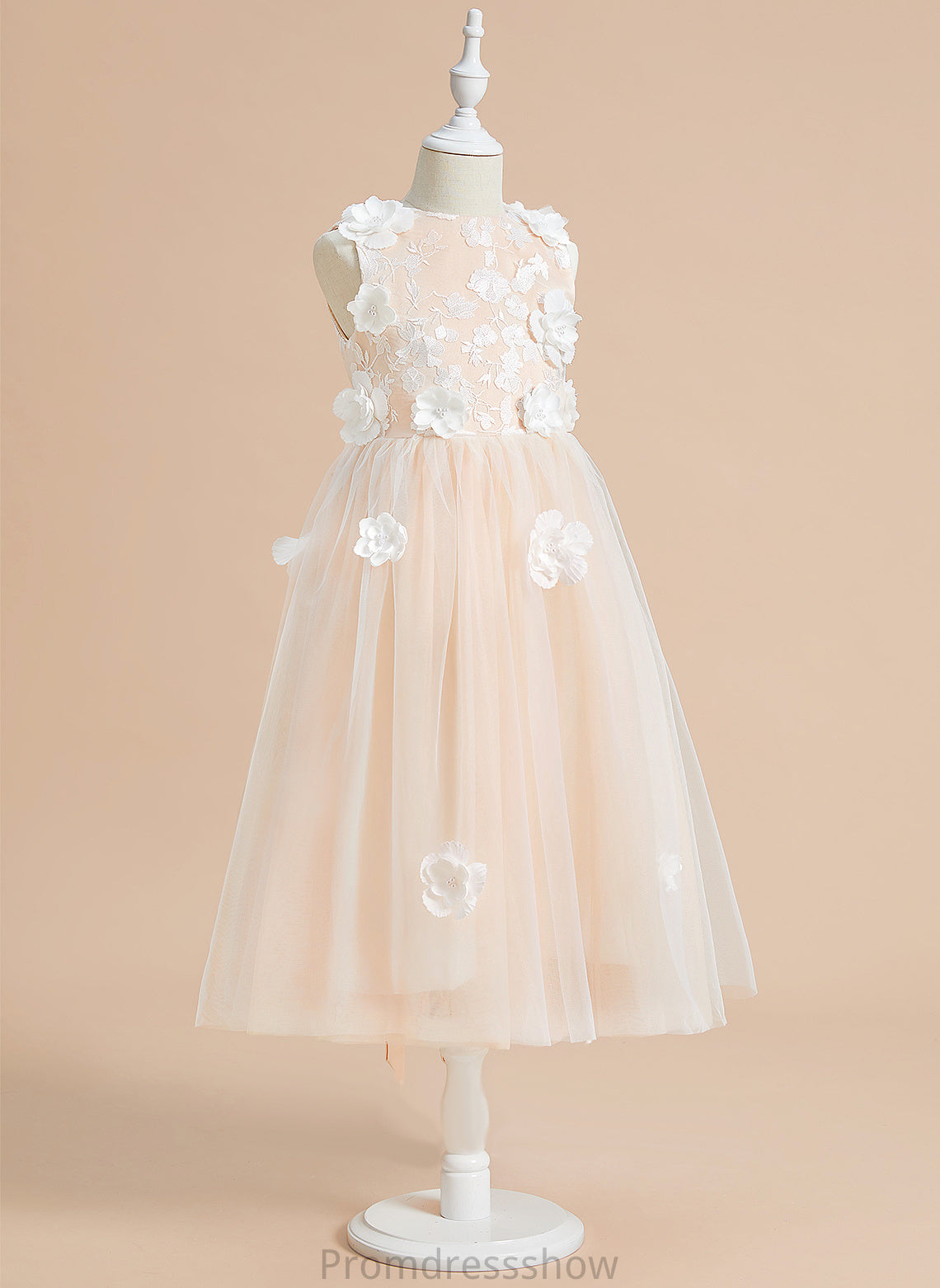 Scoop Flower(s)/Bow(s) Sleeveless Dress Flower Tulle Flower Girl Dresses Tea-length Neck - Girl With Mavis A-Line