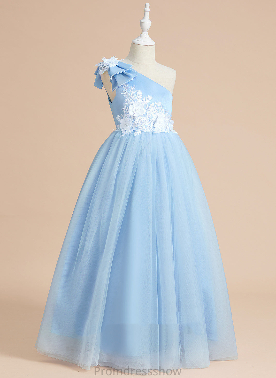 - Girl Sleeveless Satin/Tulle With Flower Girl Dresses Flower Lace/Bow(s) Floor-length Ball-Gown/Princess Dress Tricia One-Shoulder