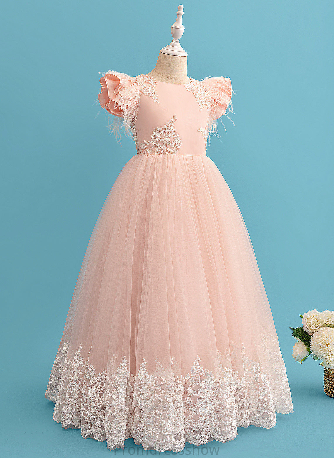Ruffles/Feather/Bow(s) Girl Avah Sleeves Dress Flower Girl Dresses Floor-length Neck - Lace Ball-Gown/Princess With Flower Scoop Short
