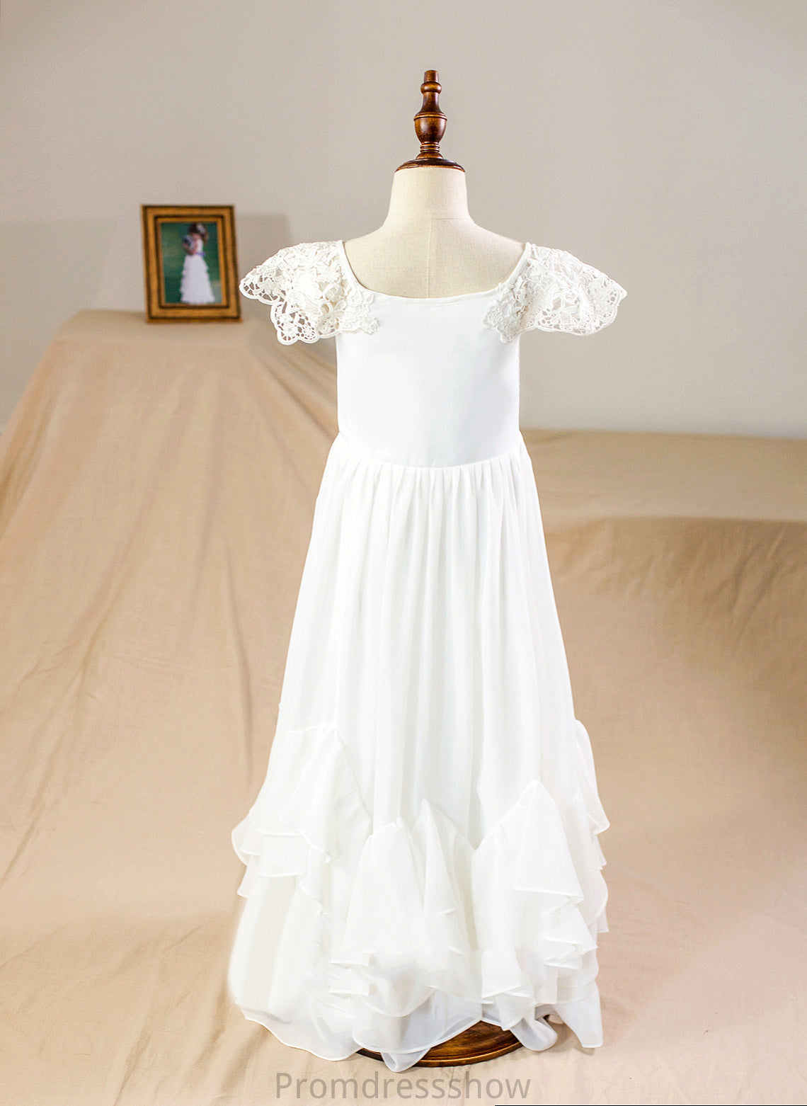 Girl Lace Short Scoop Dress Flower Girl Dresses Sleeves Chiffon With A-Line Floor-length Neck Priscilla - Flower