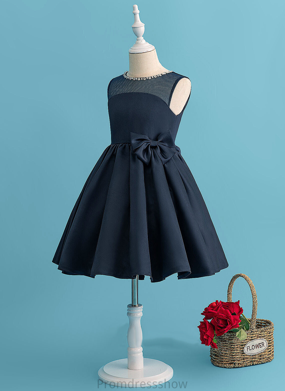 Sleeveless Beading/Bow(s) Satin Neck Kallie - A-Line Dress With Flower Girl Dresses Girl Scoop Flower Knee-length