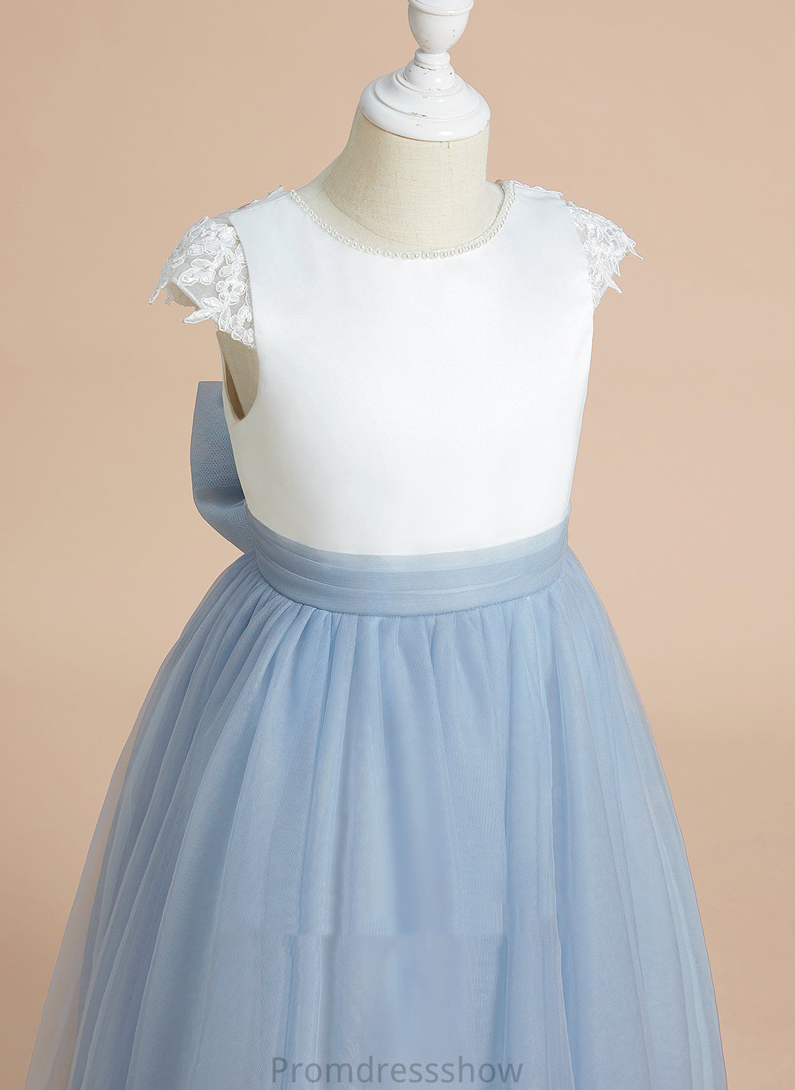 Flower Girl Dresses - Sage Flower Lace/Bow(s) Neck Scoop A-Line Satin/Tulle Girl Dress Sleeveless Tea-length With