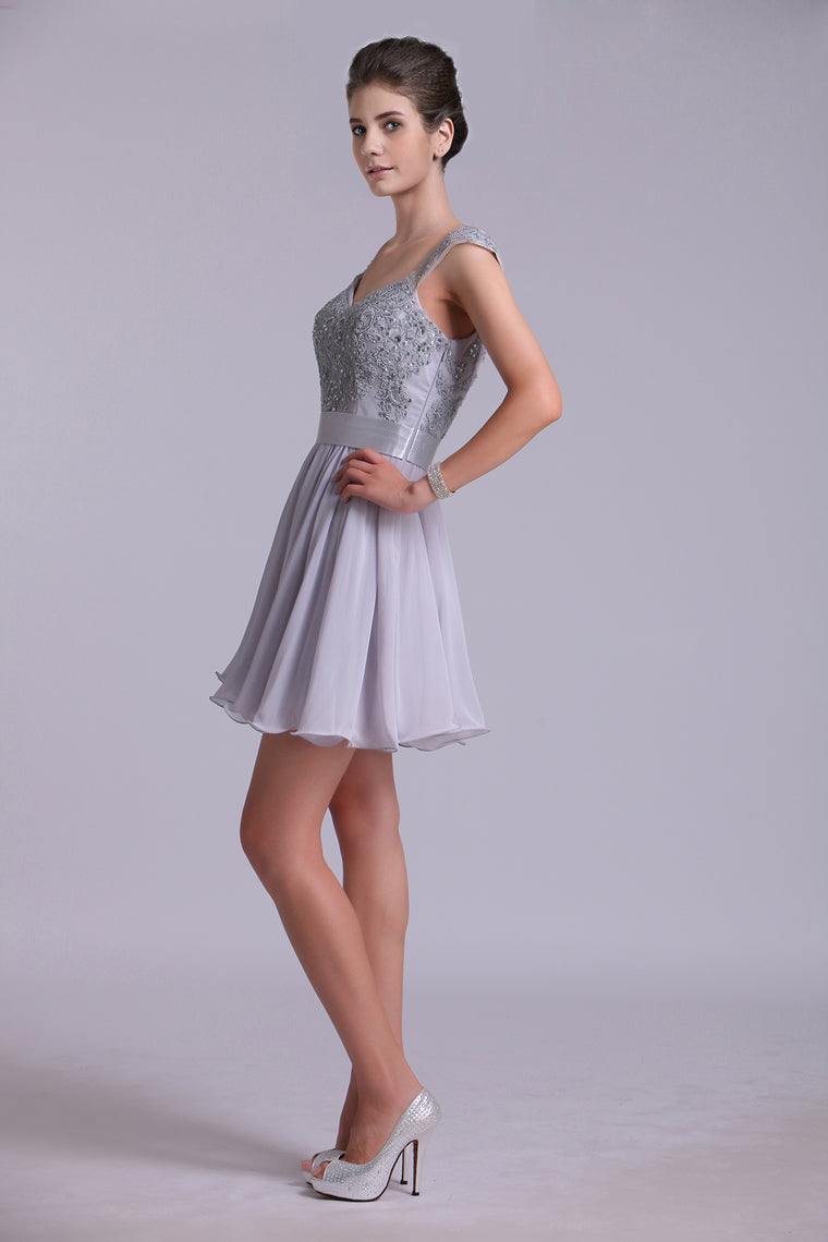 2023 Off The Shoulder A-Line Homecoming Dresses With Applique Tulle And Chiffon