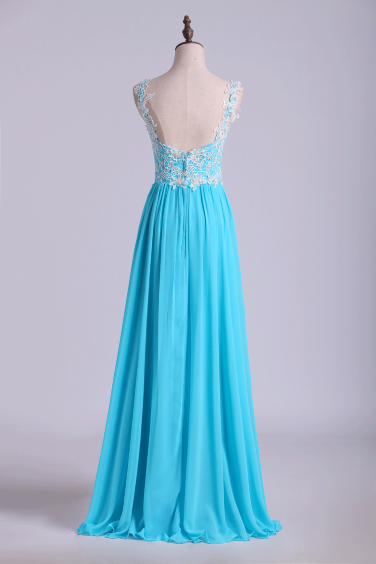 2024 Low Back Straps A Line Chiffon Prom Dress With Lace Bodice