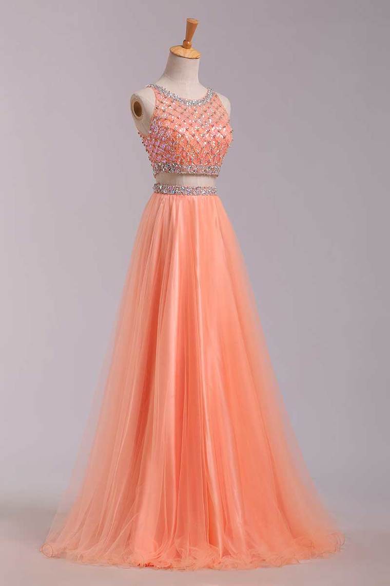 2024 Two Pieces Bateau Beaded Bodice A Line/Princess Prom Dress Pick Up Tulle Skirt Floor Length