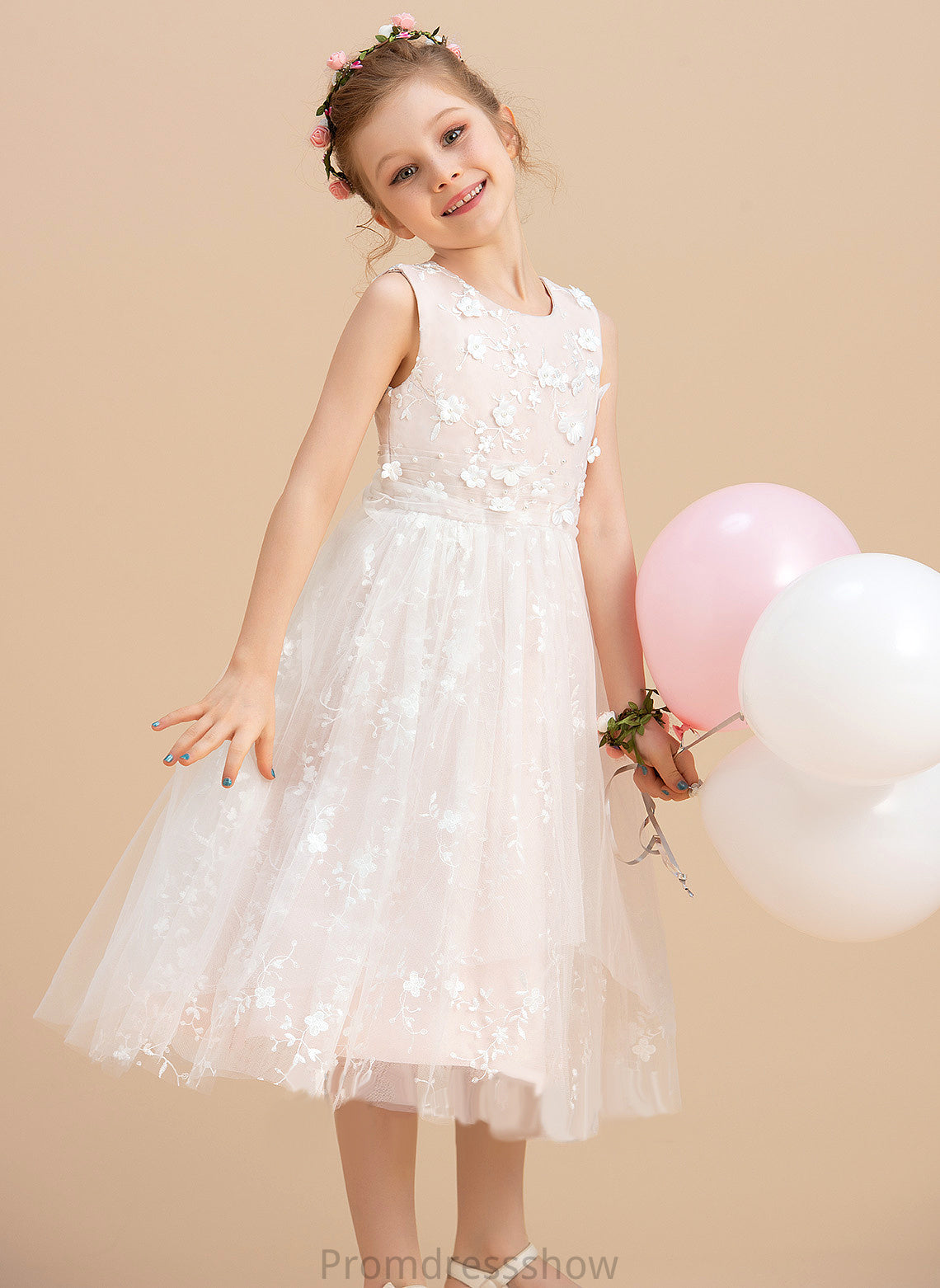 - Dress Flower Girl Dresses Tea-length With Sleeveless Beading/Flower(s) Girl Neck A-Line Tulle/Lace Flower Hannah Scoop