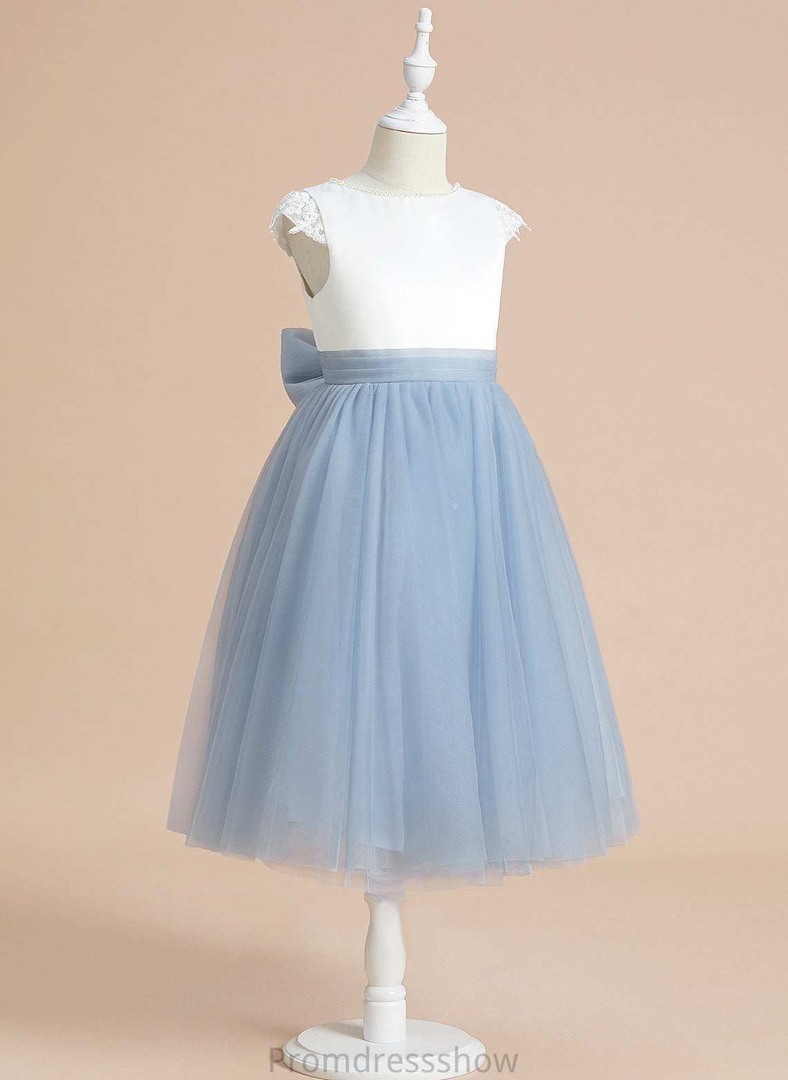 Flower Girl Dresses - Sage Flower Lace/Bow(s) Neck Scoop A-Line Satin/Tulle Girl Dress Sleeveless Tea-length With
