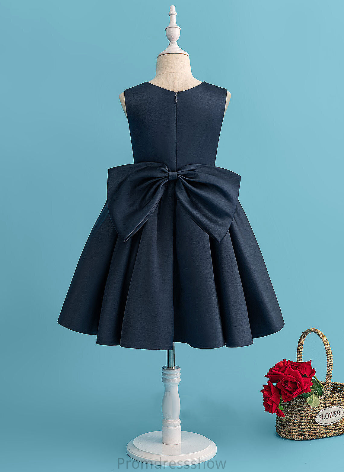 Sleeveless Beading/Bow(s) Satin Neck Kallie - A-Line Dress With Flower Girl Dresses Girl Scoop Flower Knee-length