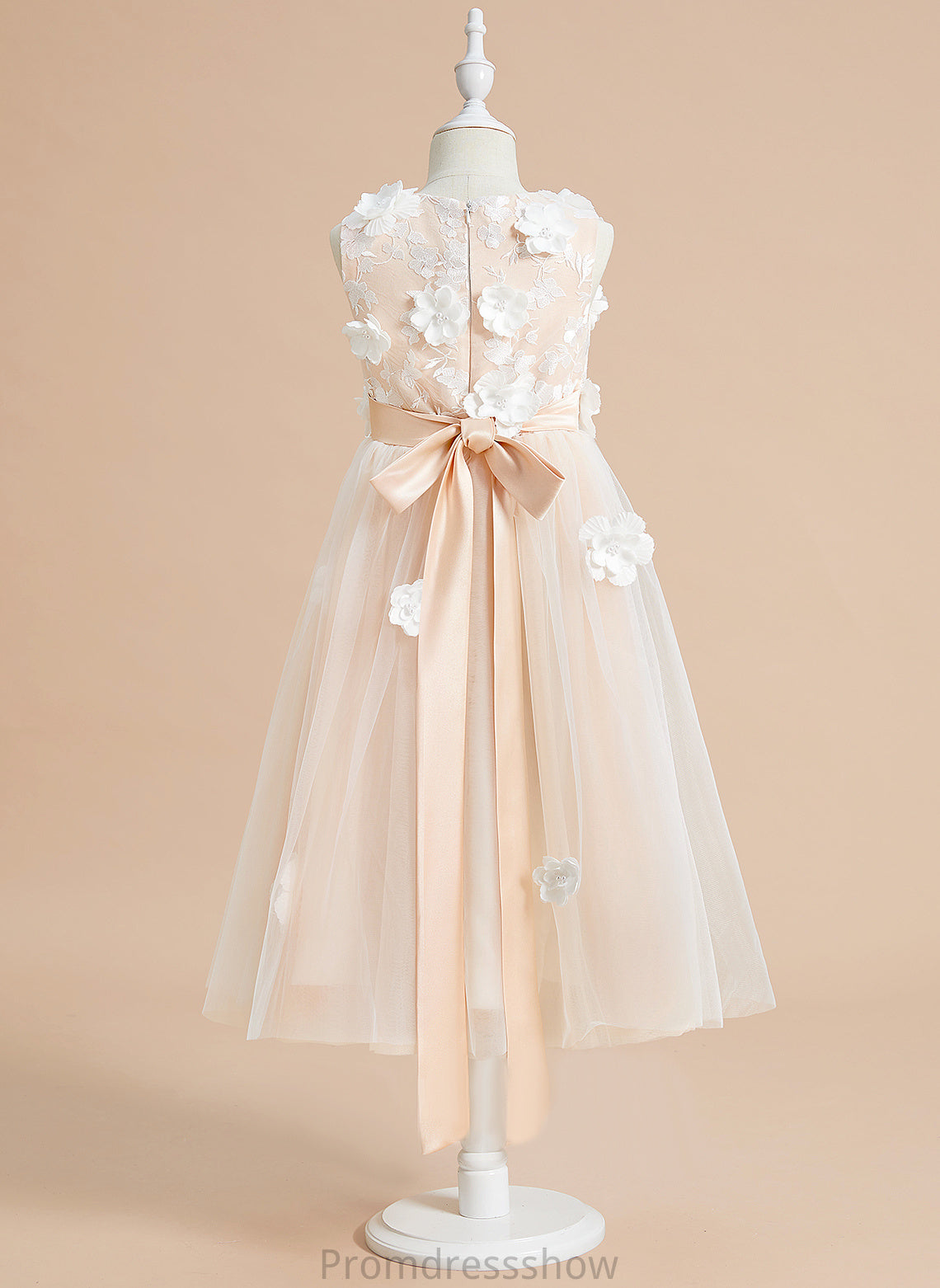 Scoop Flower(s)/Bow(s) Sleeveless Dress Flower Tulle Flower Girl Dresses Tea-length Neck - Girl With Mavis A-Line