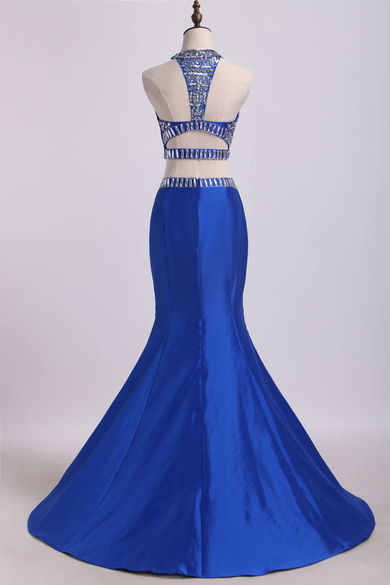 2024 Two Pieces High Neck Mermaid Prom Dresses With Beads
