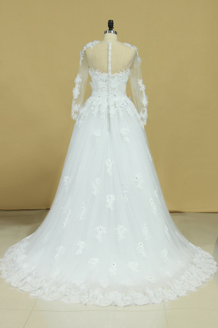 2024 Hot Long Sleeves Wedding Dresses Scoop Tulle With Applique