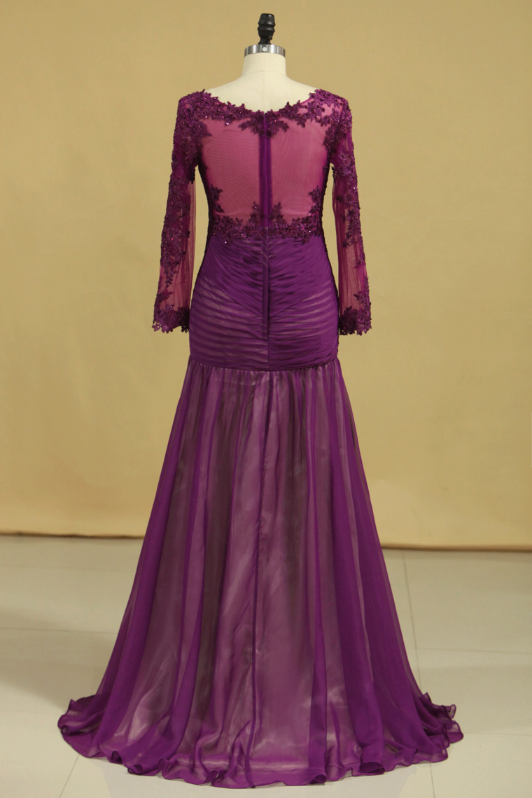 2023 Grape V Neck Long Sleeves Mermaid Evening Dresses Chiffon With Applique And Ruffles