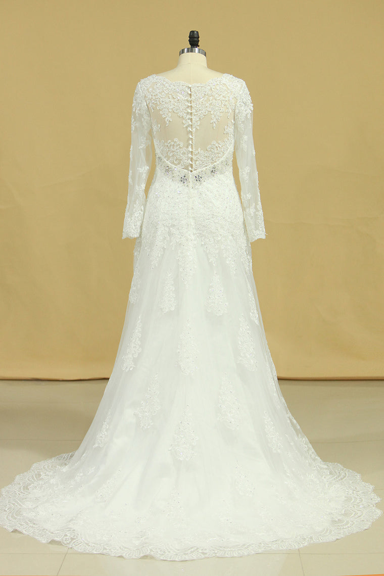 2024 Plus Size V-Neck Long Sleeves Wedding Dresses With Applique Tulle