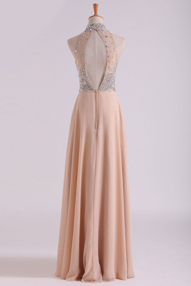 2023 High Neck Prom Dresses A Line Chiffon With Beading Sweep Train
