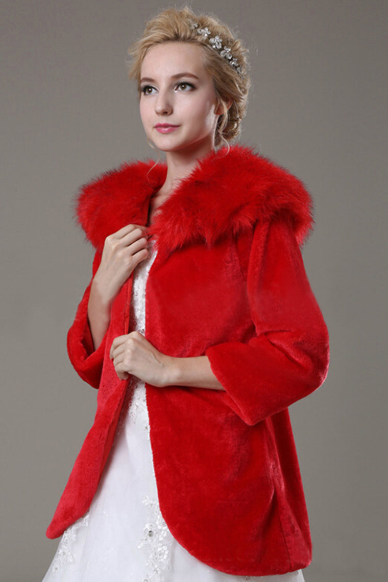 Pretty 3/4 Length Sleeve Red Faux Fur Wedding Wrap