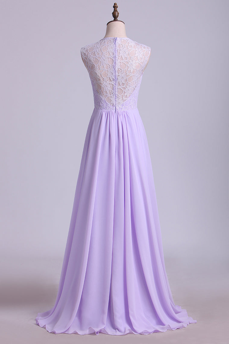 2024 Bridesmaid Dresses V-Neck A Line Floor Length Lace & Chiffon