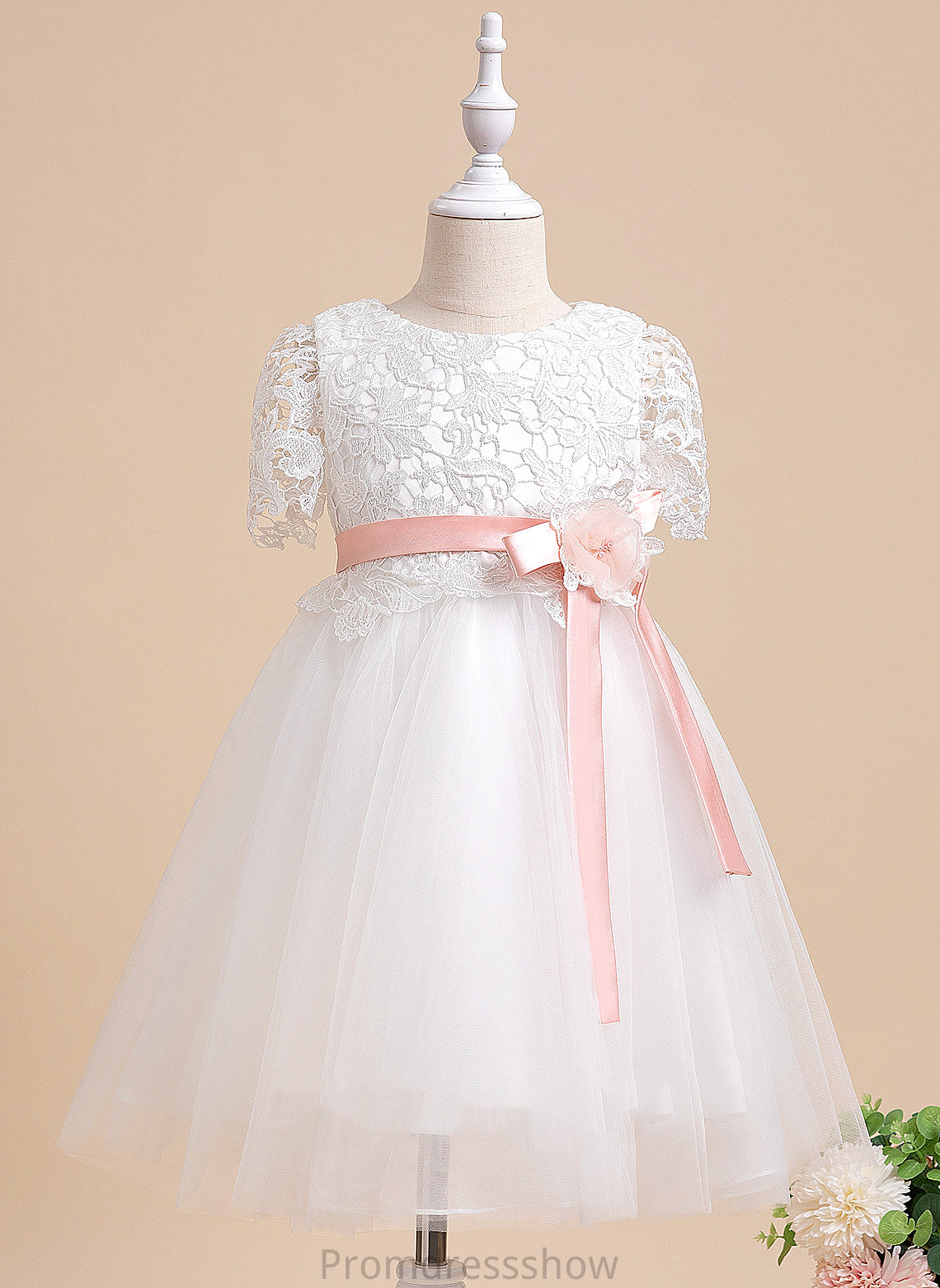 Eve Dress Girl Tulle/Lace With Knee-length Short Sleeves - A-Line Scoop Flower Girl Dresses Neck Flower Sash/Flower(s)