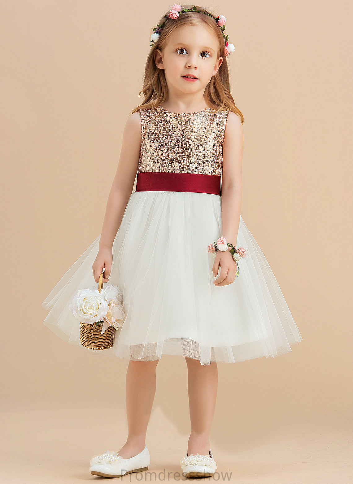 A-Line With Satin/Tulle/Sequined sash) Knee-length - Flower Flower Girl Dresses Girl Neck Sequins/Bow(s) Scoop Amiah Dress (Undetachable Sleeveless