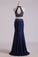 2024 Dark Royal Blue Halter Two-Piece Beaded Bodice Mermaid Open Back Prom Dresses Spandex & Tulle Floor Length